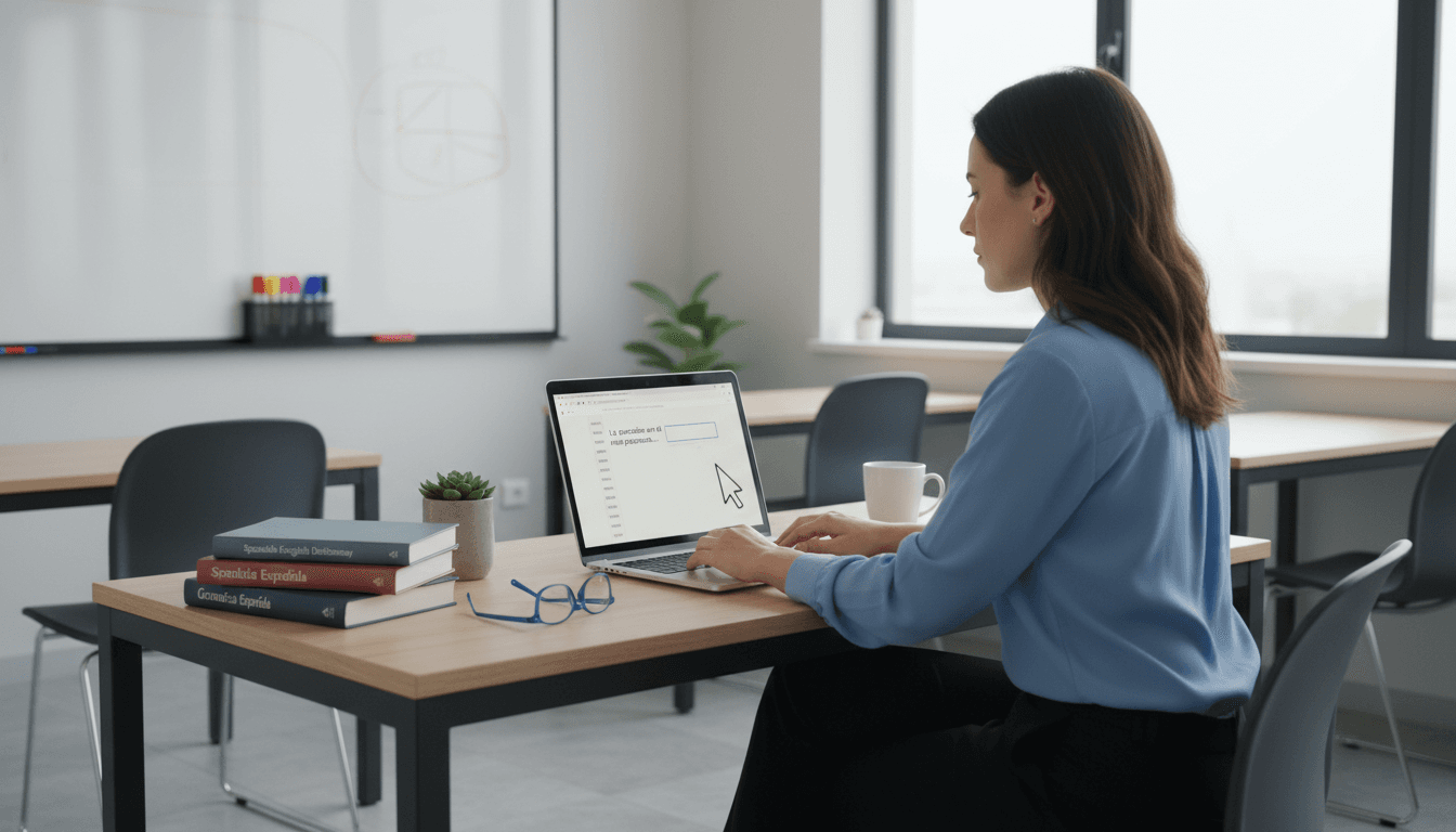 Teacher at a laptop using a translation tool with Spanish text on screen, organized desk in a bright classroom, professional and focused work scene