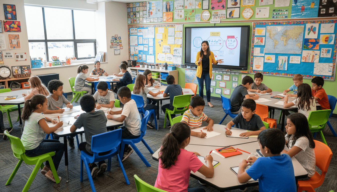 Charter school director reviewing a newsletter at a desk covered with student achievement data, a school banner visible on the wall behind her