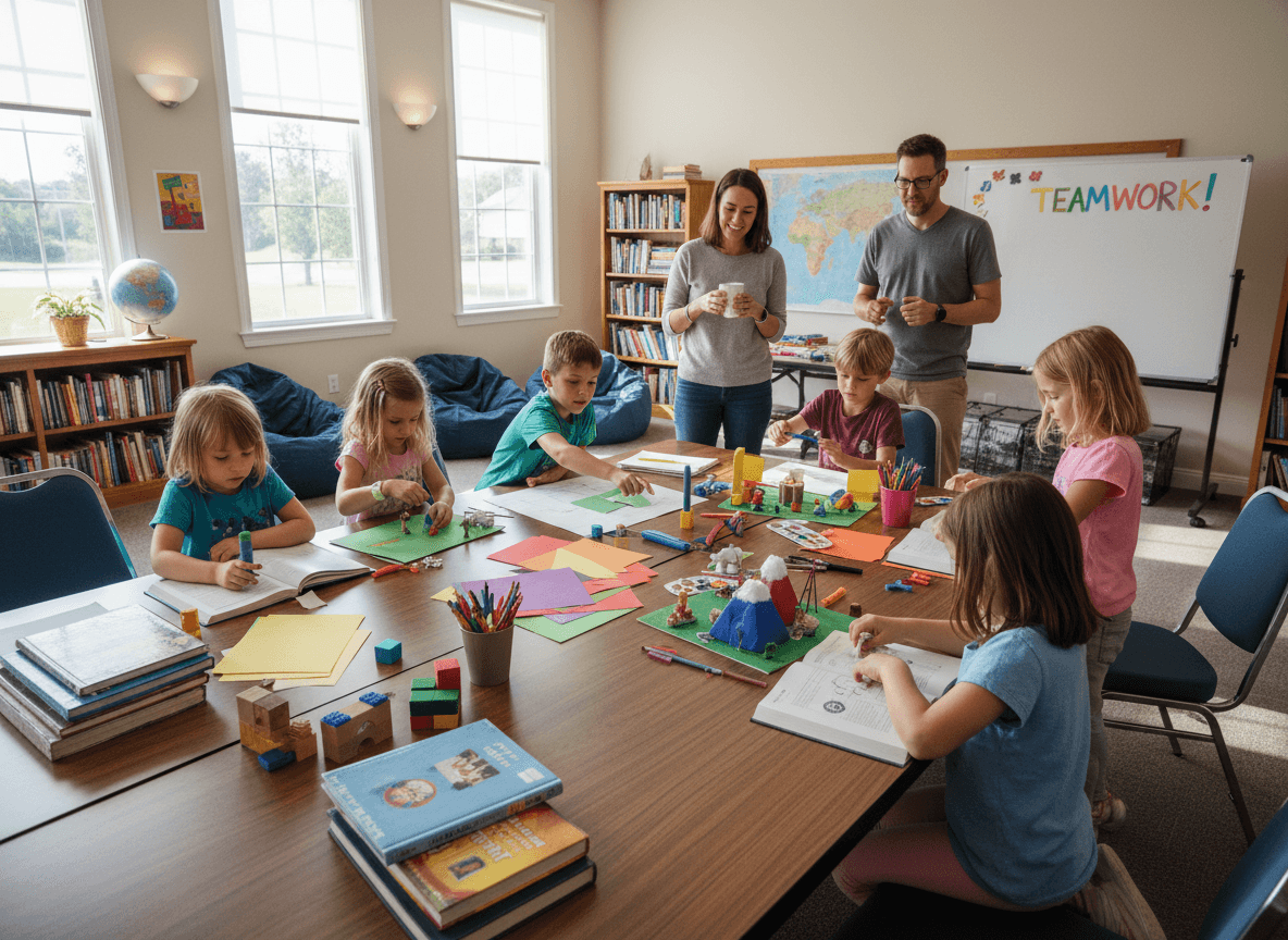 Group of homeschool families reading a co-op newsletter together in a church fellowship hall before a co-op class session begins