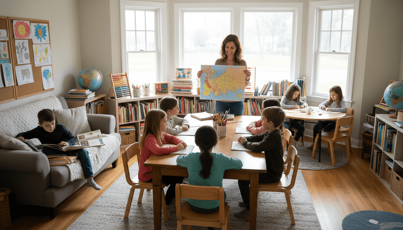 Homeschool co-op coordinator writing a newsletter at a kitchen table surrounded by curriculum binders, a laptop, and a handwritten schedule board on the wall behind her