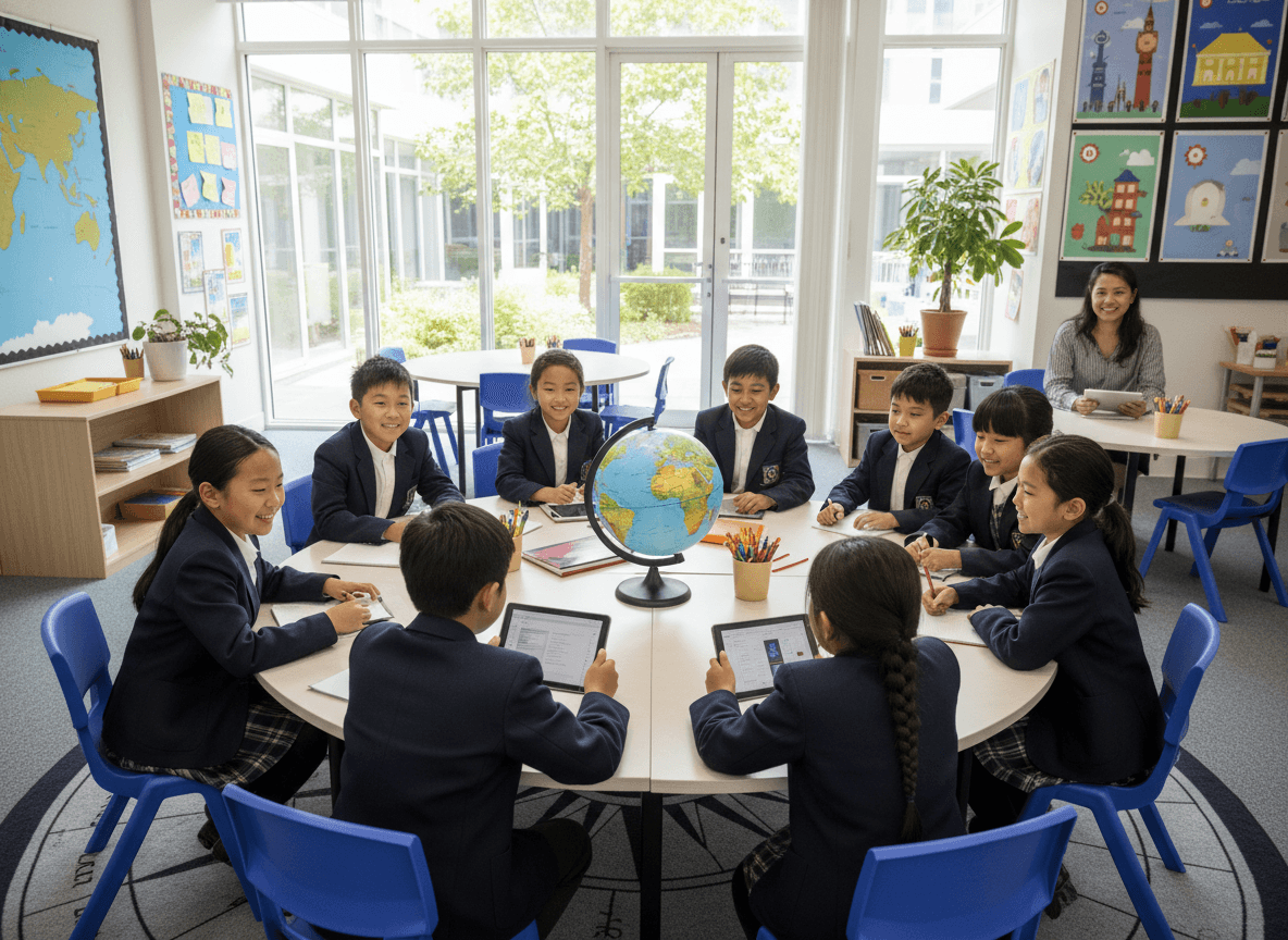Expat parent reading an international school newsletter on a laptop in a modern apartment with city skyline visible through the window, phone showing multiple time zones beside them