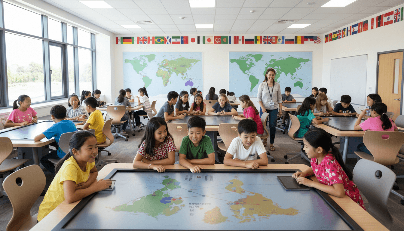 International school administrator reviewing a newsletter in a bright multilingual office with national flags from many countries and an IB diploma banner visible on the wall