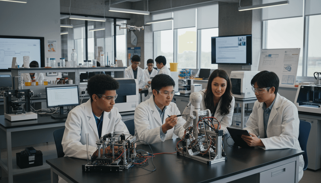 Magnet school science teacher reviewing a newsletter at a lab bench surrounded by student STEM projects and a sign reading Magnet School of Excellence on the wall