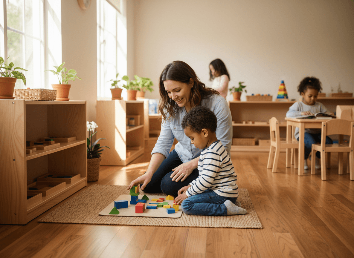 Parent and child reviewing a Montessori newsletter together at a kitchen table, the child pointing at a photo of their classroom work