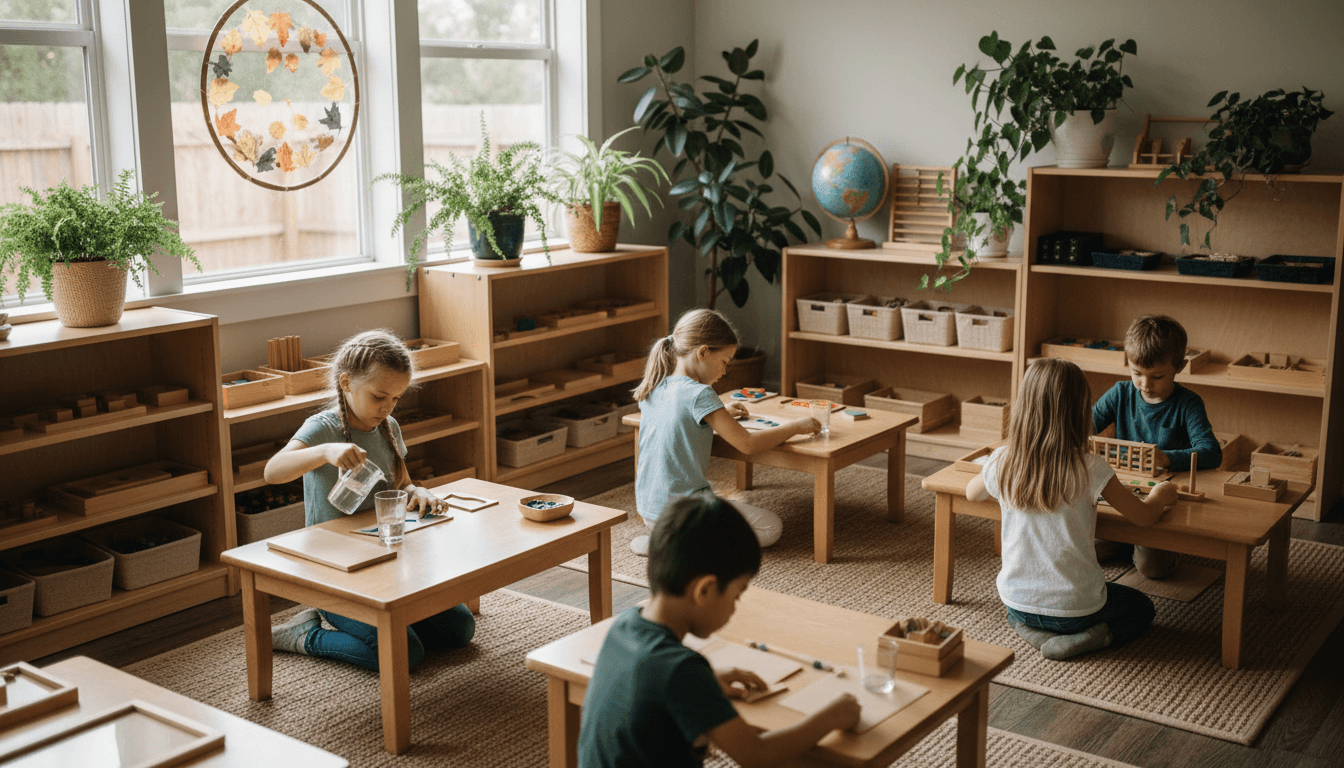 Montessori teacher sitting at a low table observing a child working with colorful materials in a sunlit classroom with shelves of learning materials in the background