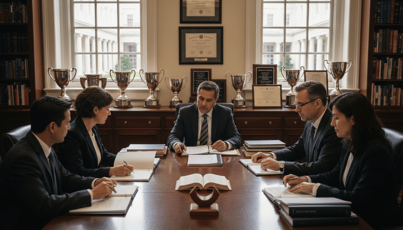 Private school head reviewing an accreditation self-study binder at a desk covered in evaluation documents, with a school crest and NAIS membership plaque visible on the wall