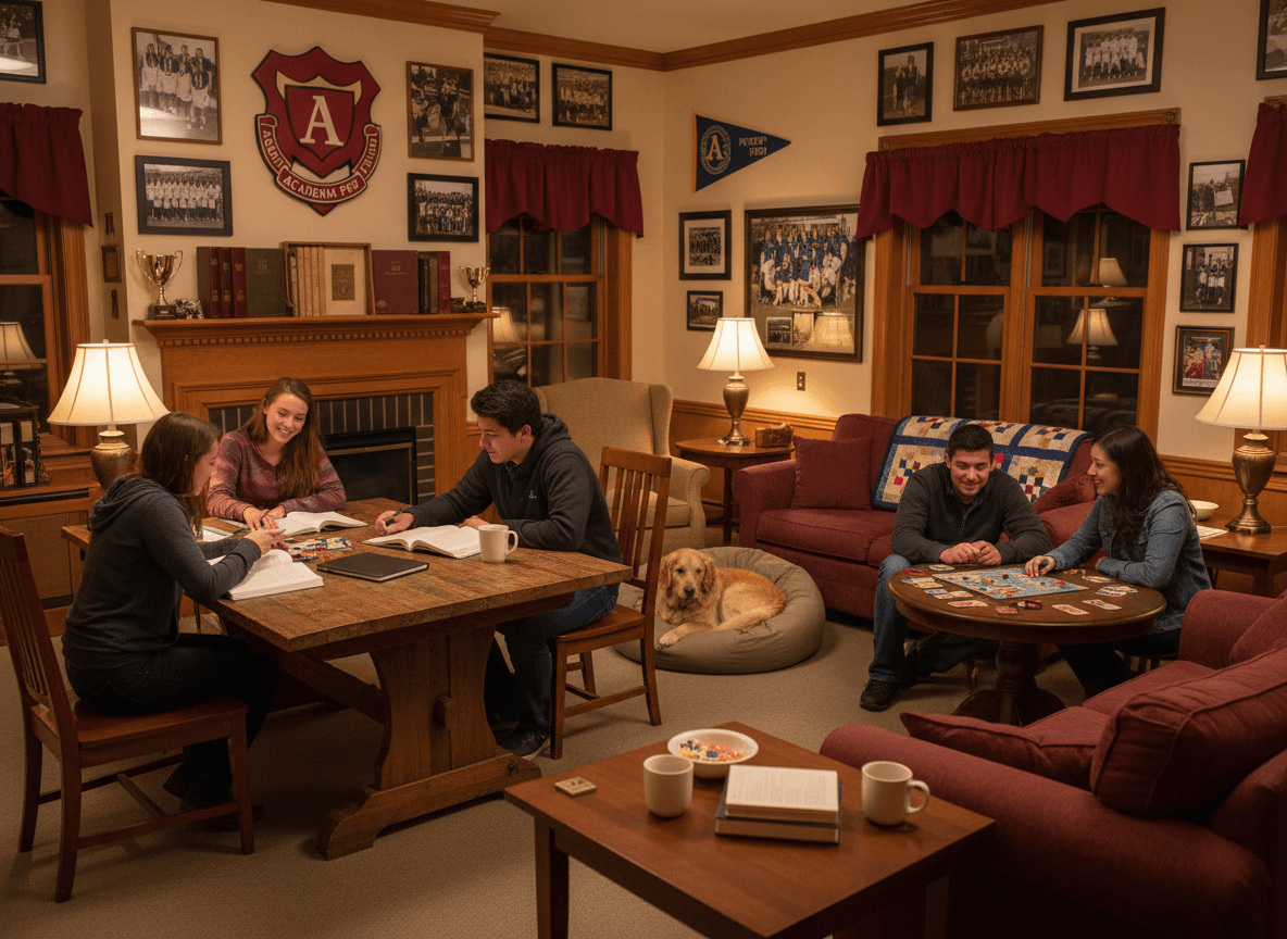 Boarding school parent reading a newsletter on their phone with a photo of their child's dormitory room visible on the screen, sitting at home with a cup of coffee