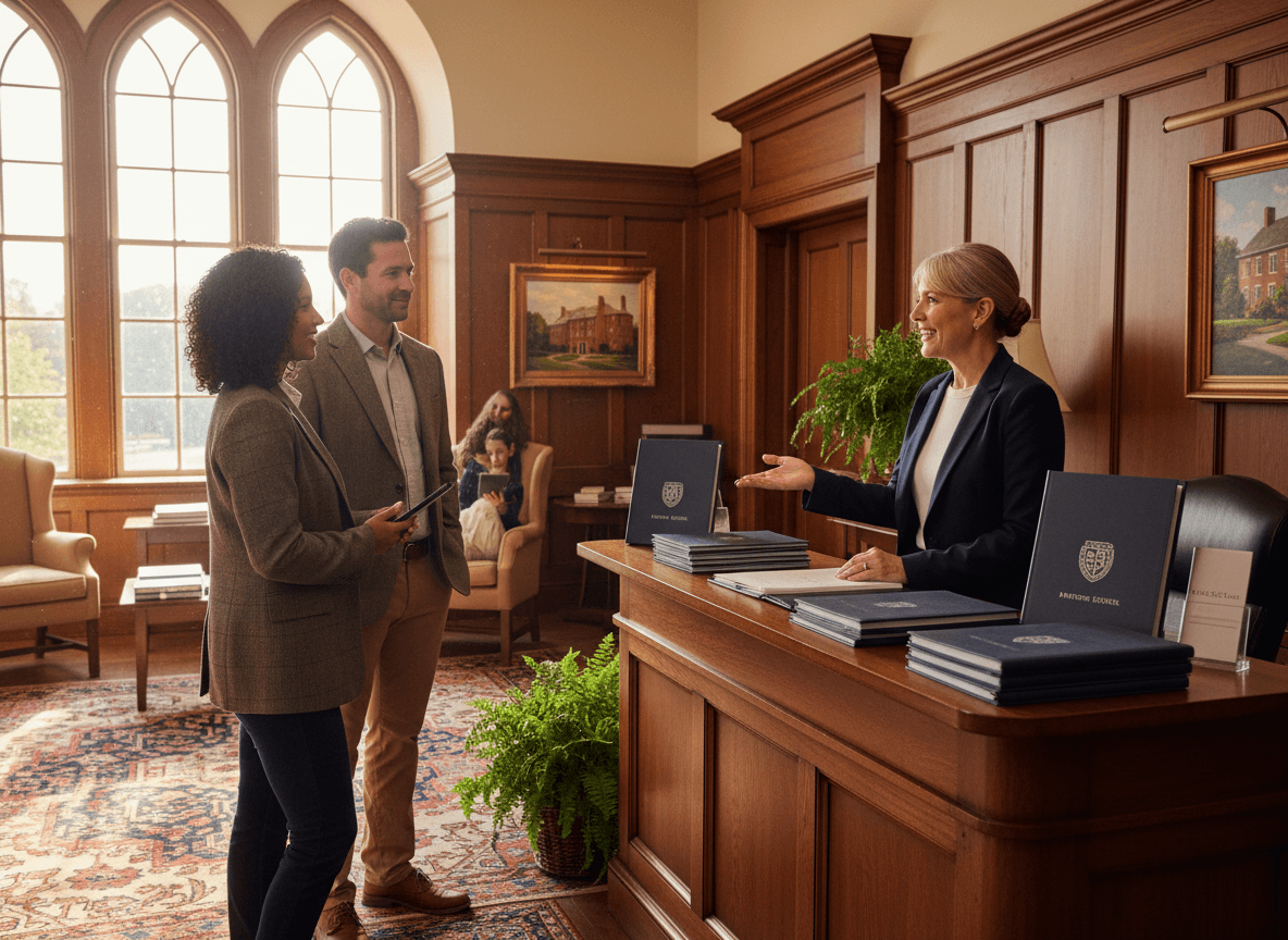 Prospective family reading a private school enrollment newsletter on a tablet together, with a school tour brochure open on the coffee table