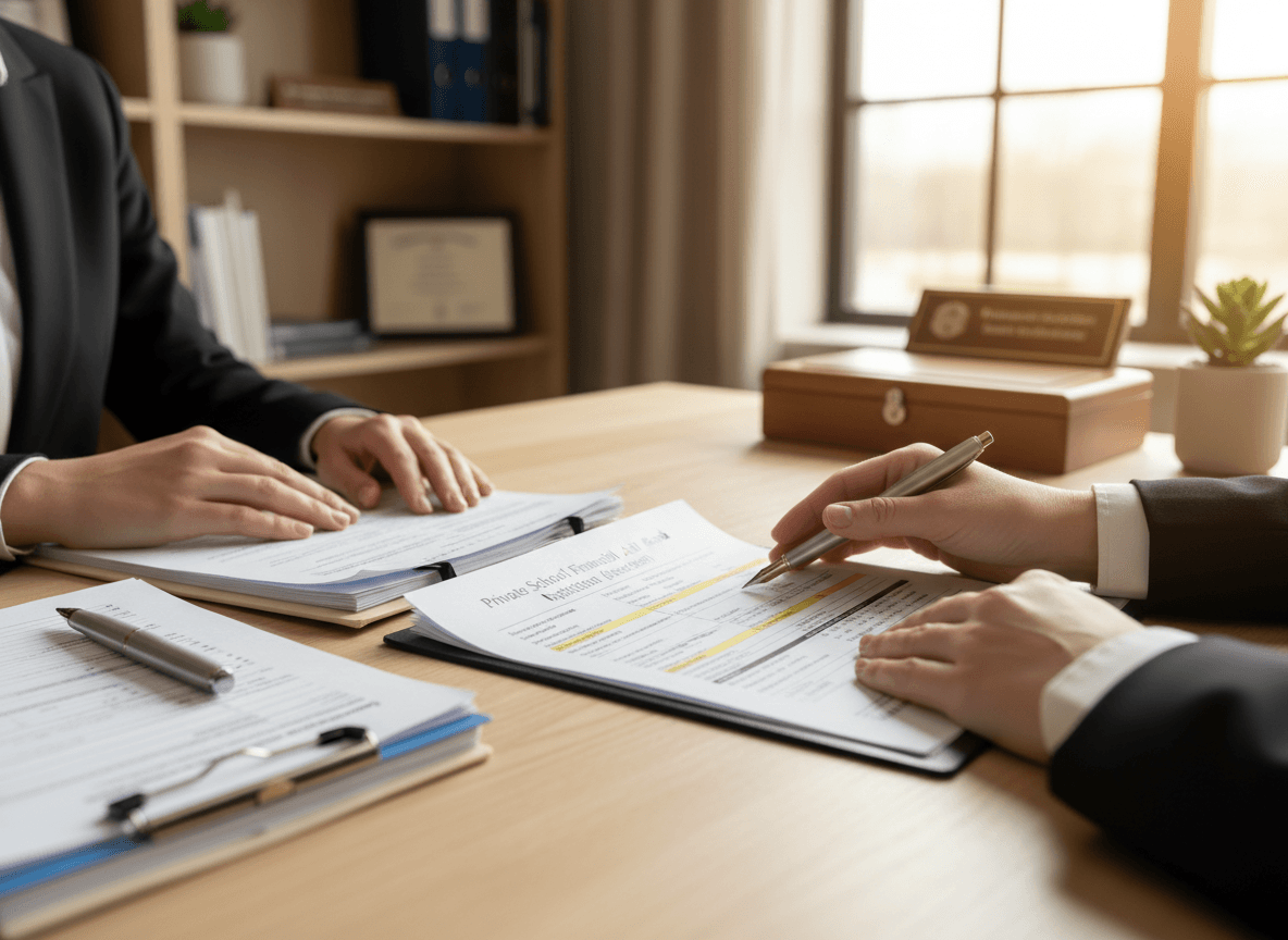 Parents reviewing a private school tuition and financial aid newsletter together at a kitchen table with a laptop open to the school's financial aid portal