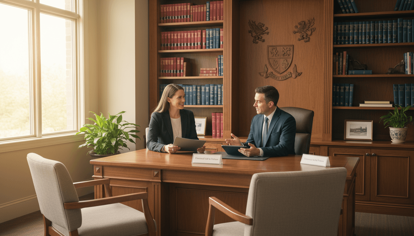 Private school business office administrator reviewing tuition communication documents at a desk with a calculator and school financial reports spread out