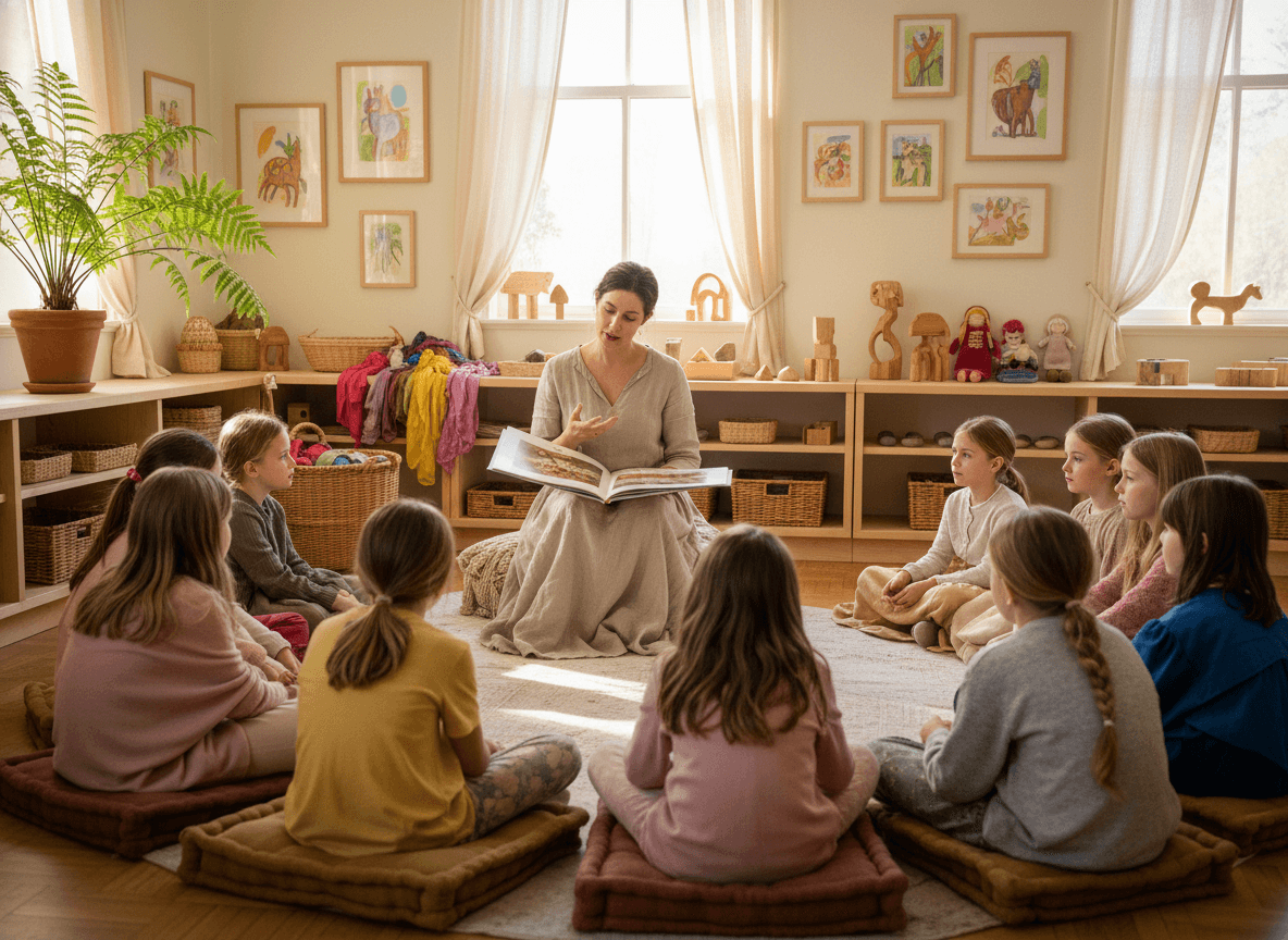 Parent reading a Waldorf school newsletter at a wooden table with beeswax candles and handmade decorations visible on a nearby shelf