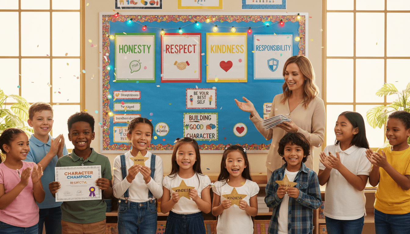 Students in a school assembly receiving character awards from a principal, a large banner with school values visible behind them