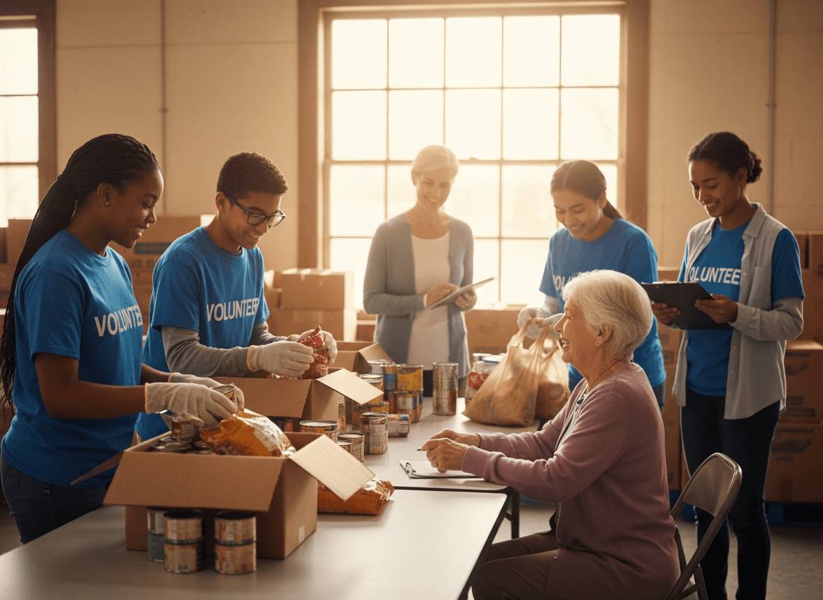 High school students presenting handmade care packages to senior center residents, accompanied by their service learning teacher