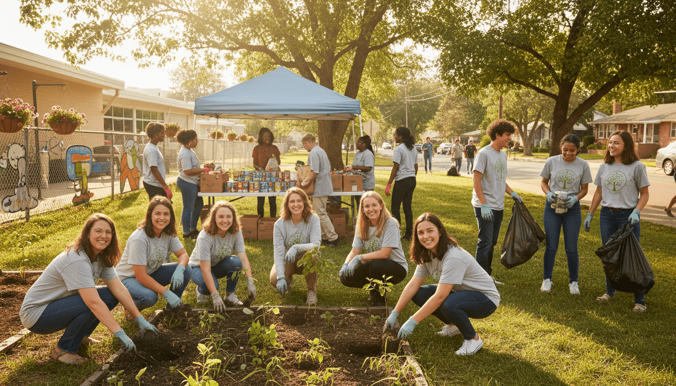 Middle school students planting vegetables in a community garden with their teacher, a neighborhood park visible in the background