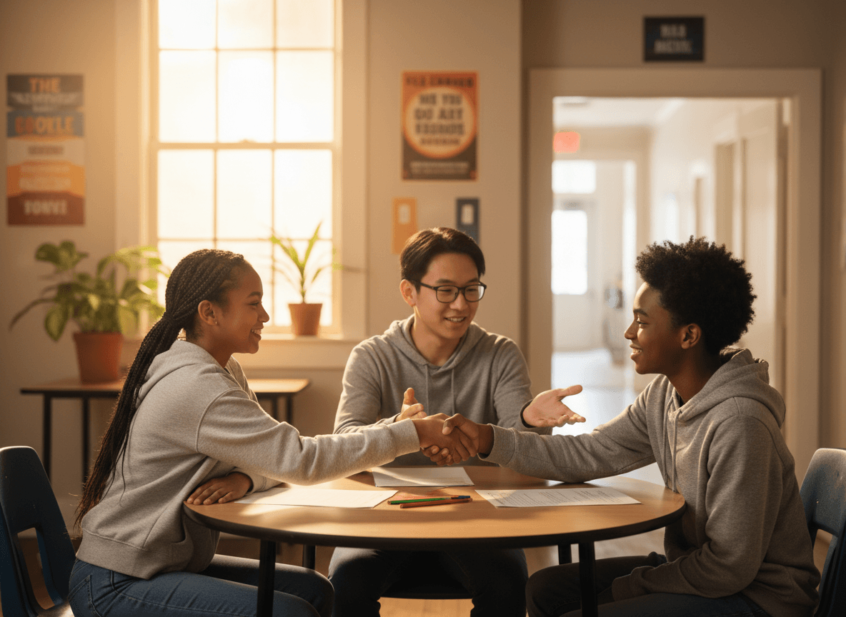 A school counselor training a group of student peer mediators in a conference room, a whiteboard showing the mediation steps behind her