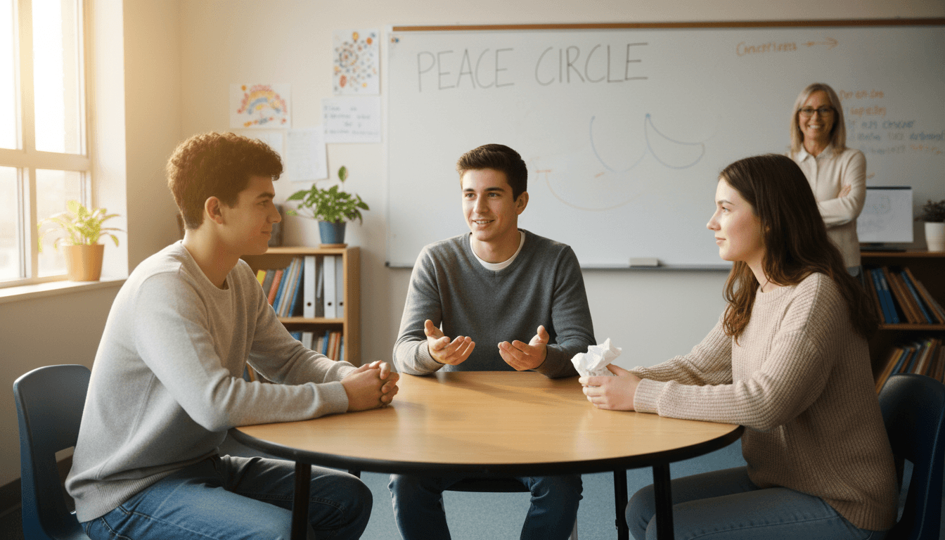 Two middle school students sitting across from a peer mediator at a round table, a guidance counselor observing from nearby