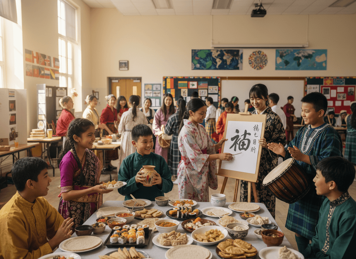 A teacher reading a picture book about a cultural tradition to a diverse group of second graders sitting in a circle on the classroom rug