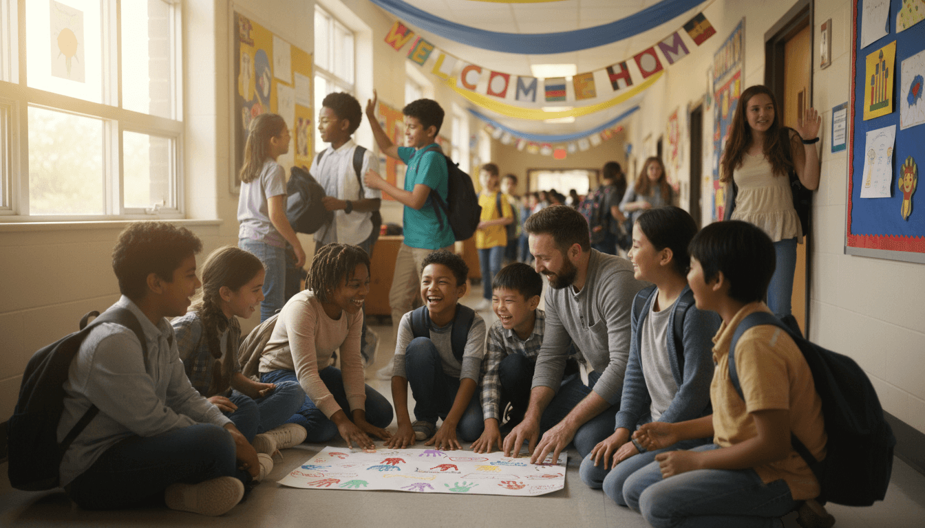 Students and teachers gathered in a school hallway, smiling and engaged in conversation, colorful student artwork covering the walls