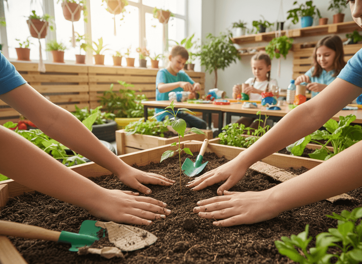 High school students presenting a composting program to younger students in a school cafeteria, showing compost bins and data charts