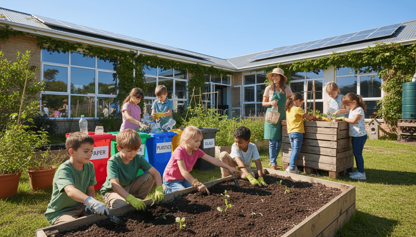 Elementary students working in a school garden, planting seedlings in raised beds, a teacher guiding them in a sunny outdoor setting