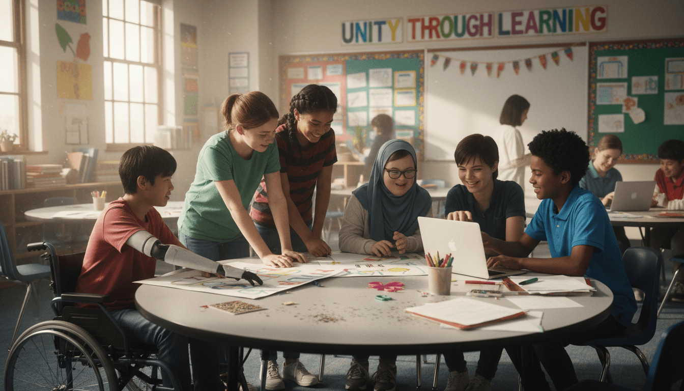 A diverse group of parents and caregivers reading a school newsletter together at a family engagement night, multilingual signs visible on the wall behind them