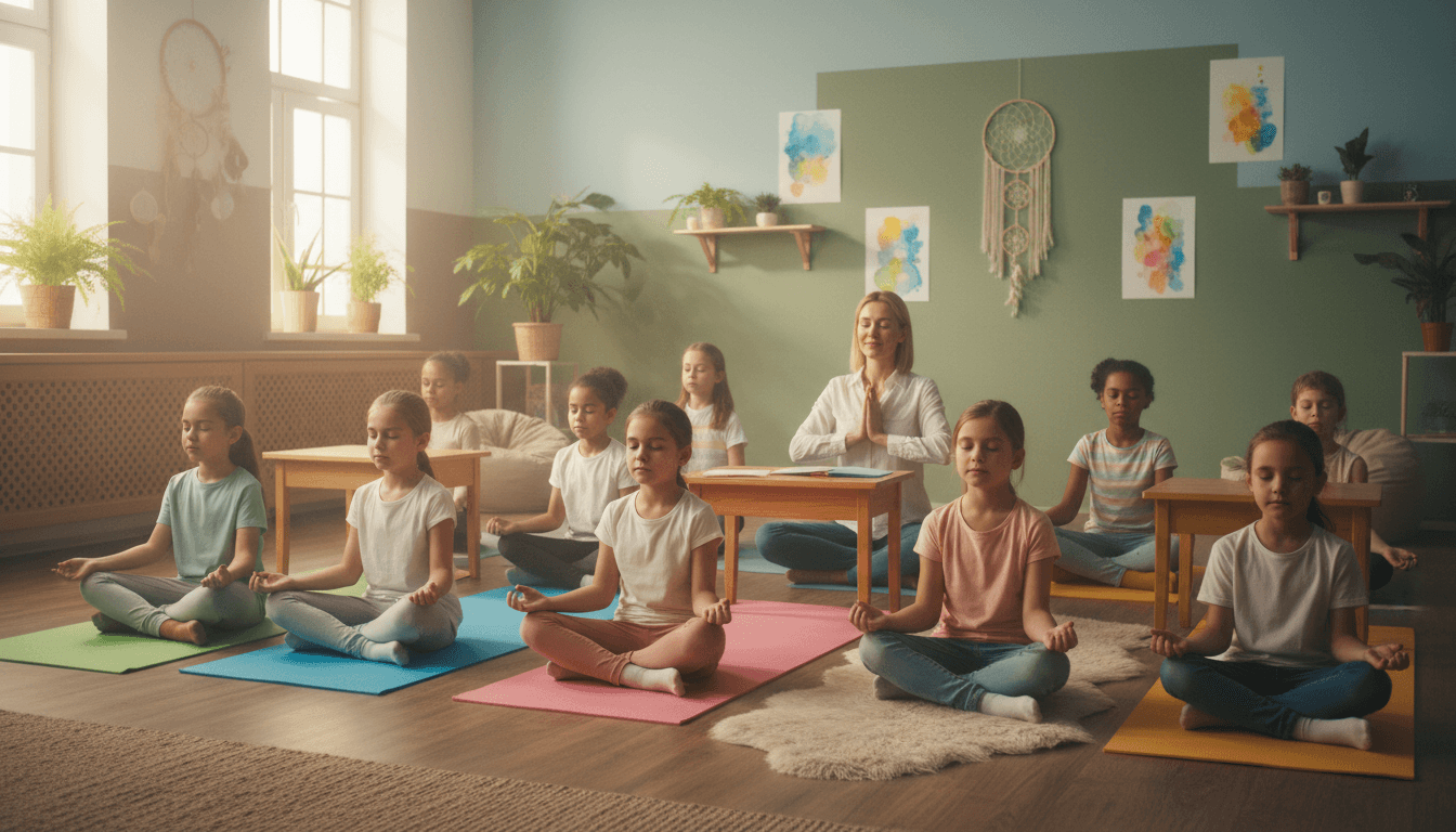 Students in an elementary classroom with eyes closed during a brief mindfulness exercise, a calm teacher visible at the front of the room