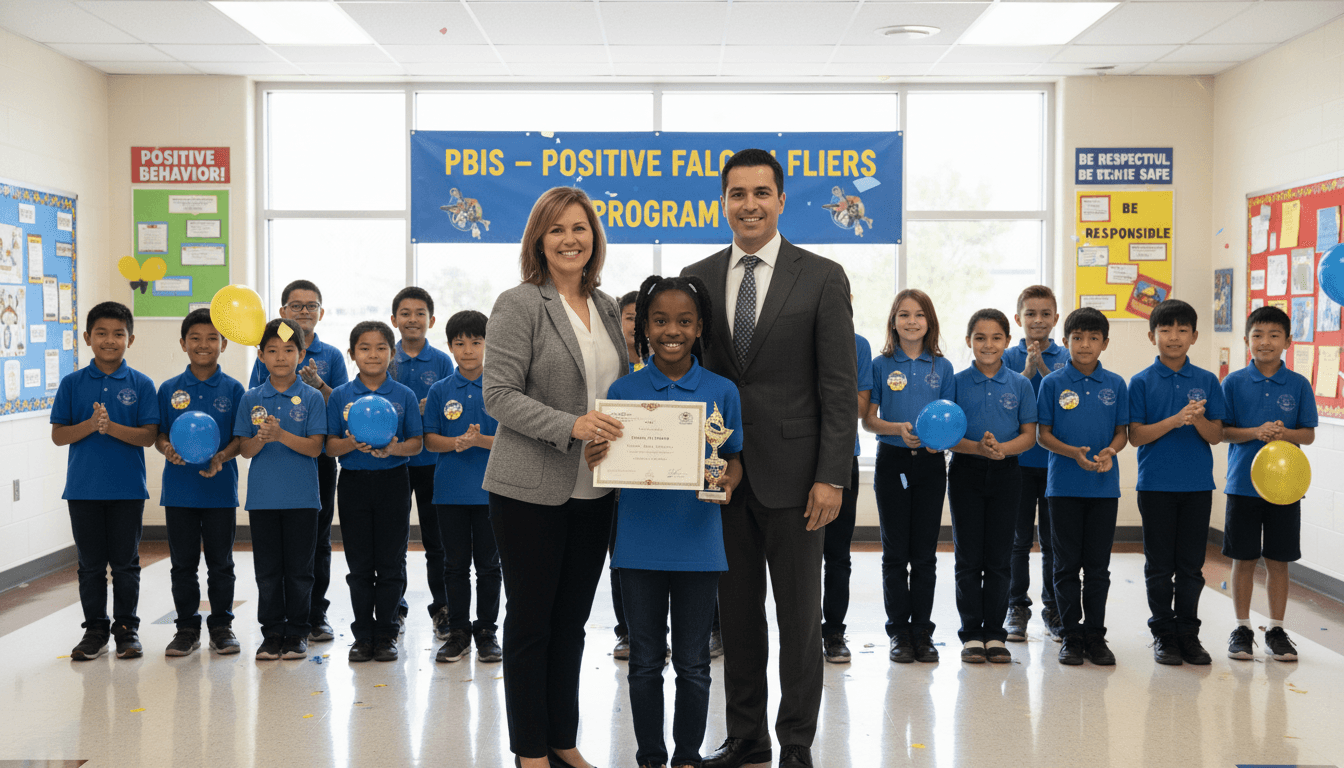 A teacher handing a student a positive behavior recognition card in a bright school hallway, both smiling