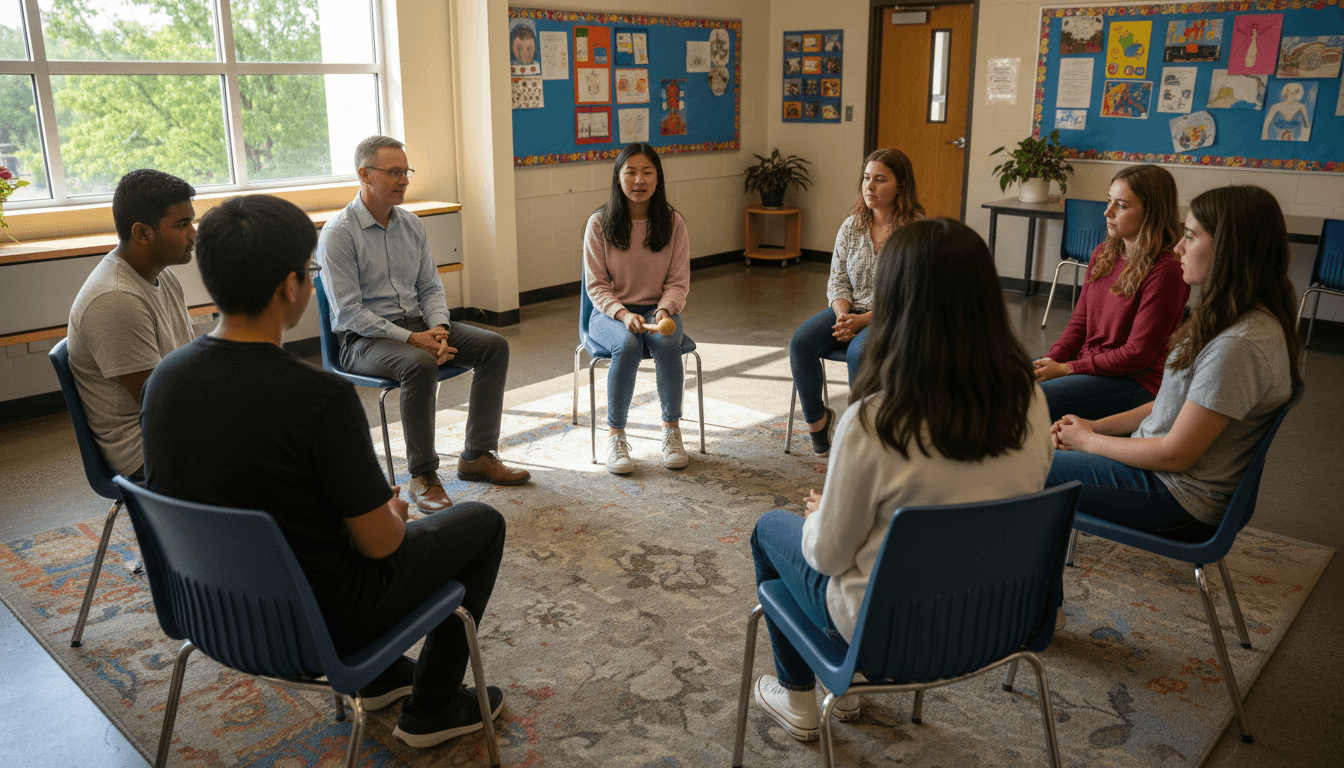 Students and a school counselor sitting in a circle on chairs in a bright classroom, engaged in a restorative conversation