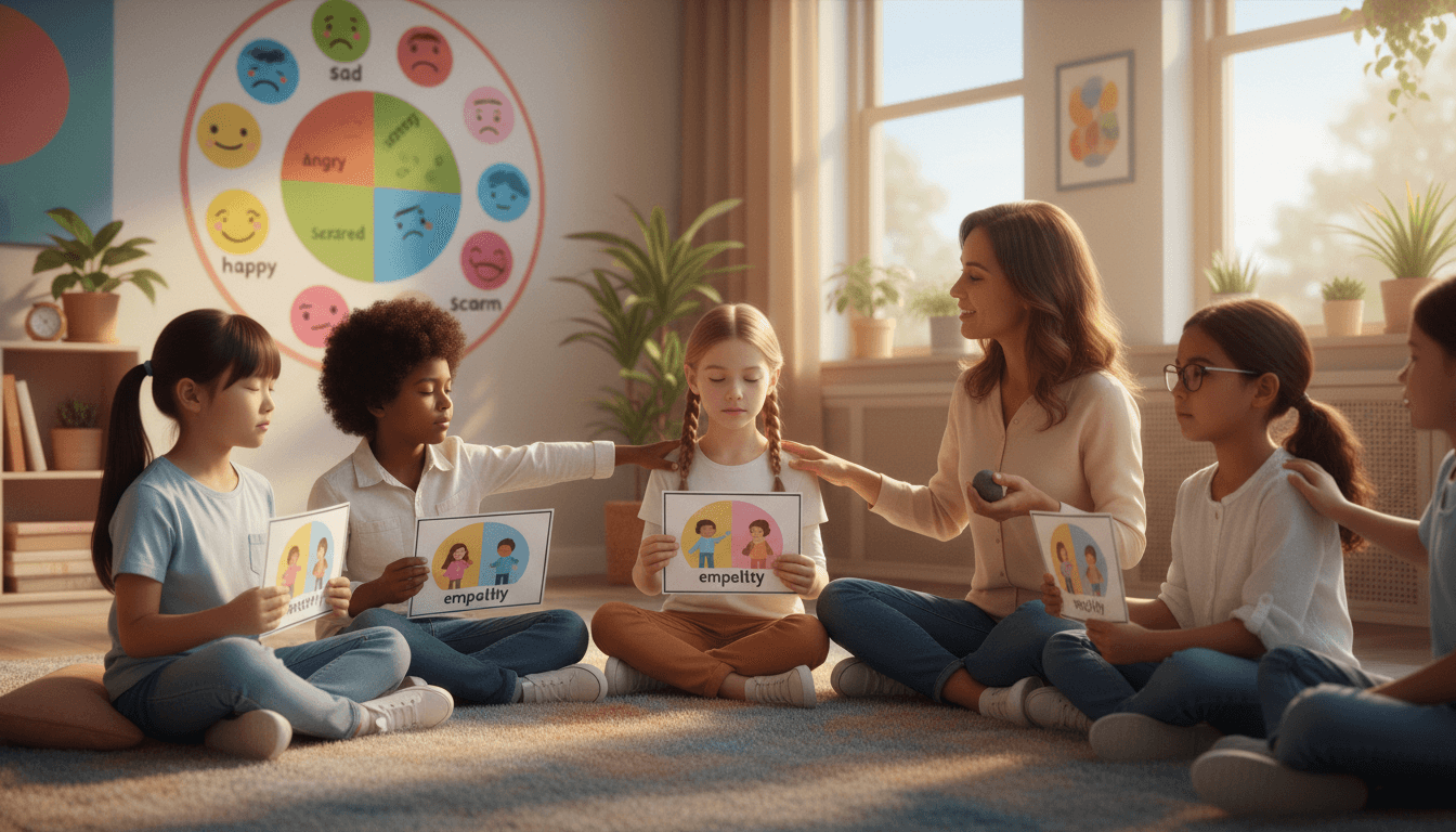 A teacher facilitating a feelings check-in with a circle of elementary students in a morning meeting, emotion cards visible on the floor