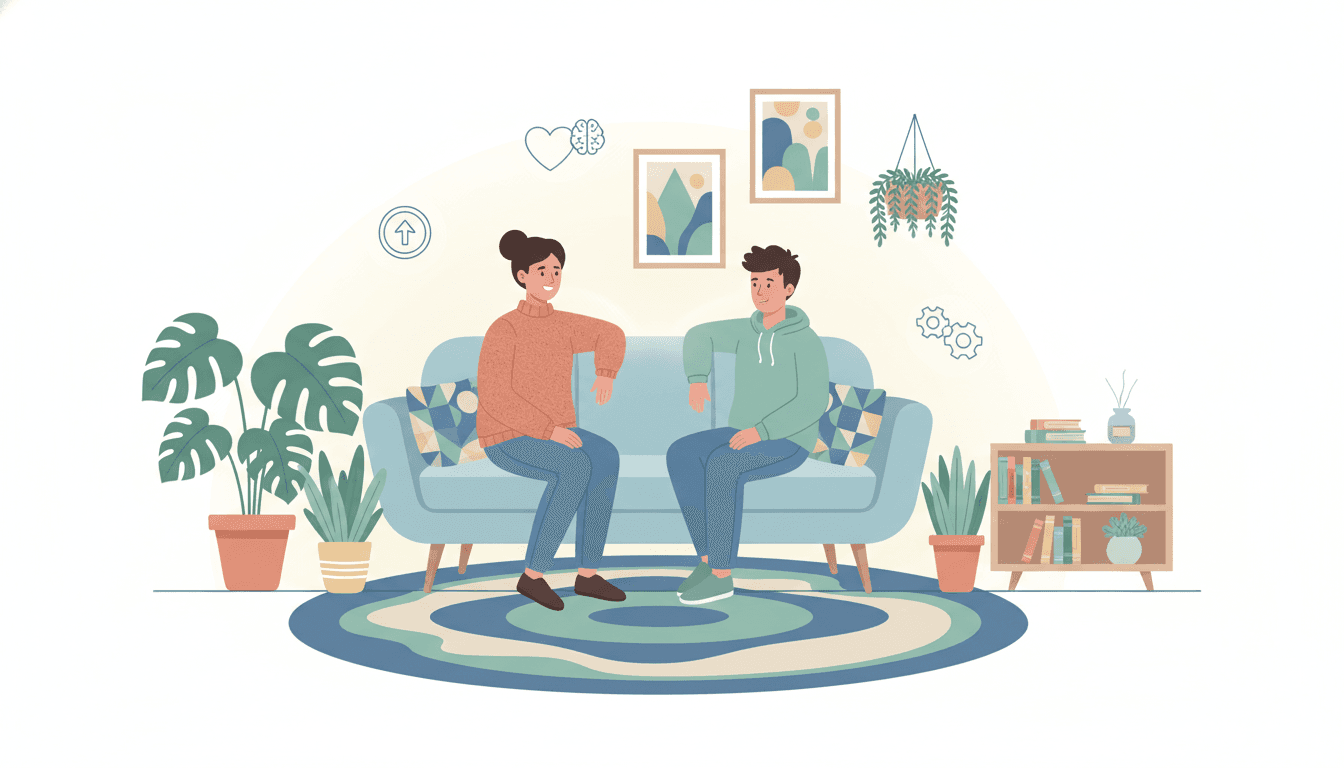 School counselor sitting with a student in a comfortable school counseling office, with wellness resources visible on a bookshelf