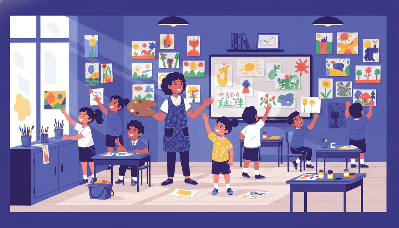 Elementary students in an art classroom painting at easels, colorful artwork displayed on the walls behind them