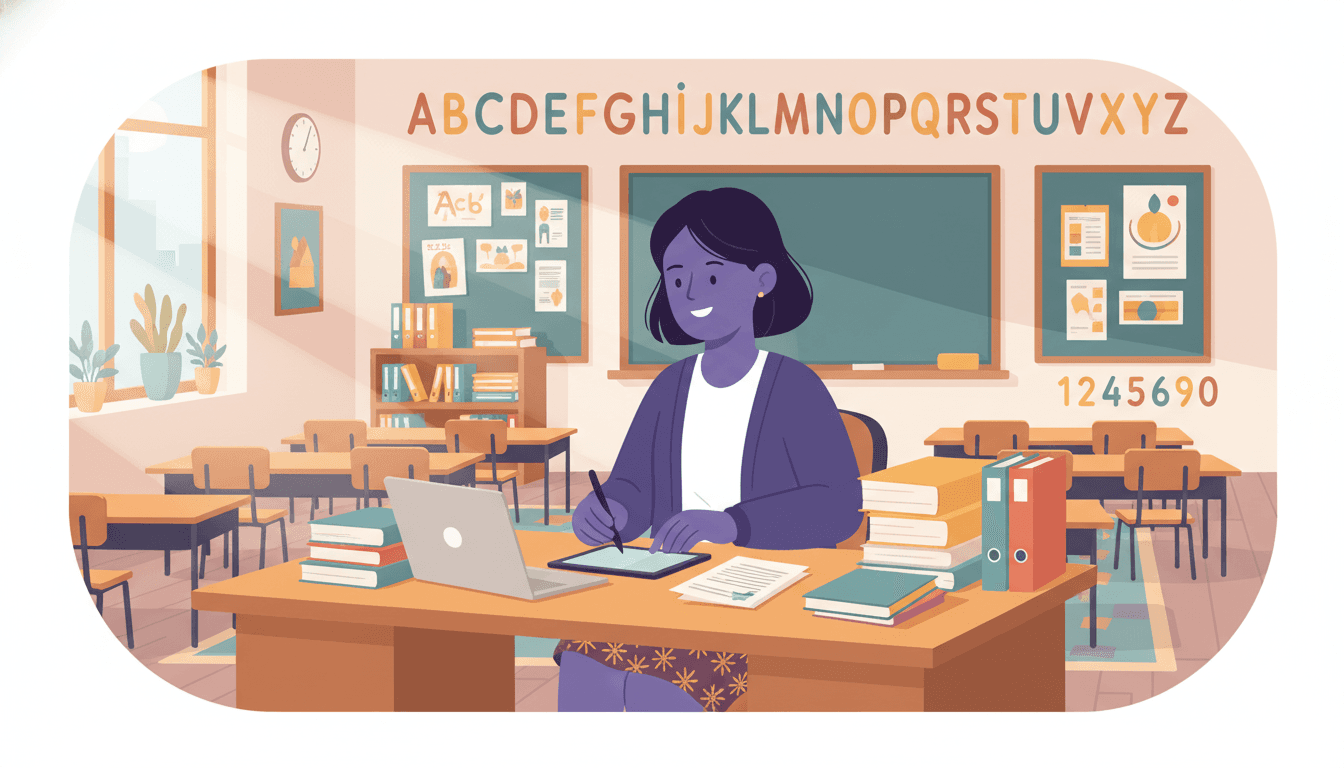 Elementary teacher at a desk working on a laptop with a cup of coffee, classroom visible in the background