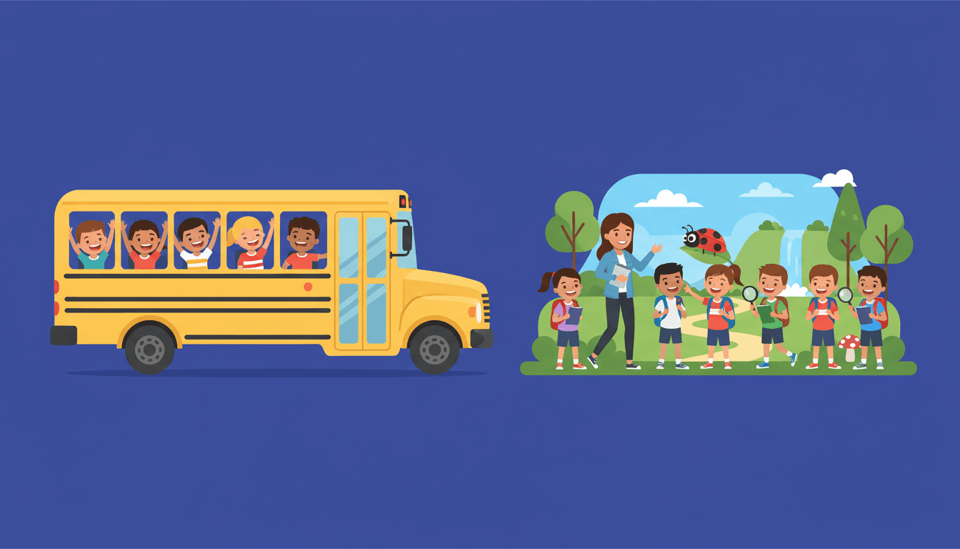 Elementary students in bright yellow safety vests boarding a school bus for a field trip, teacher counting students