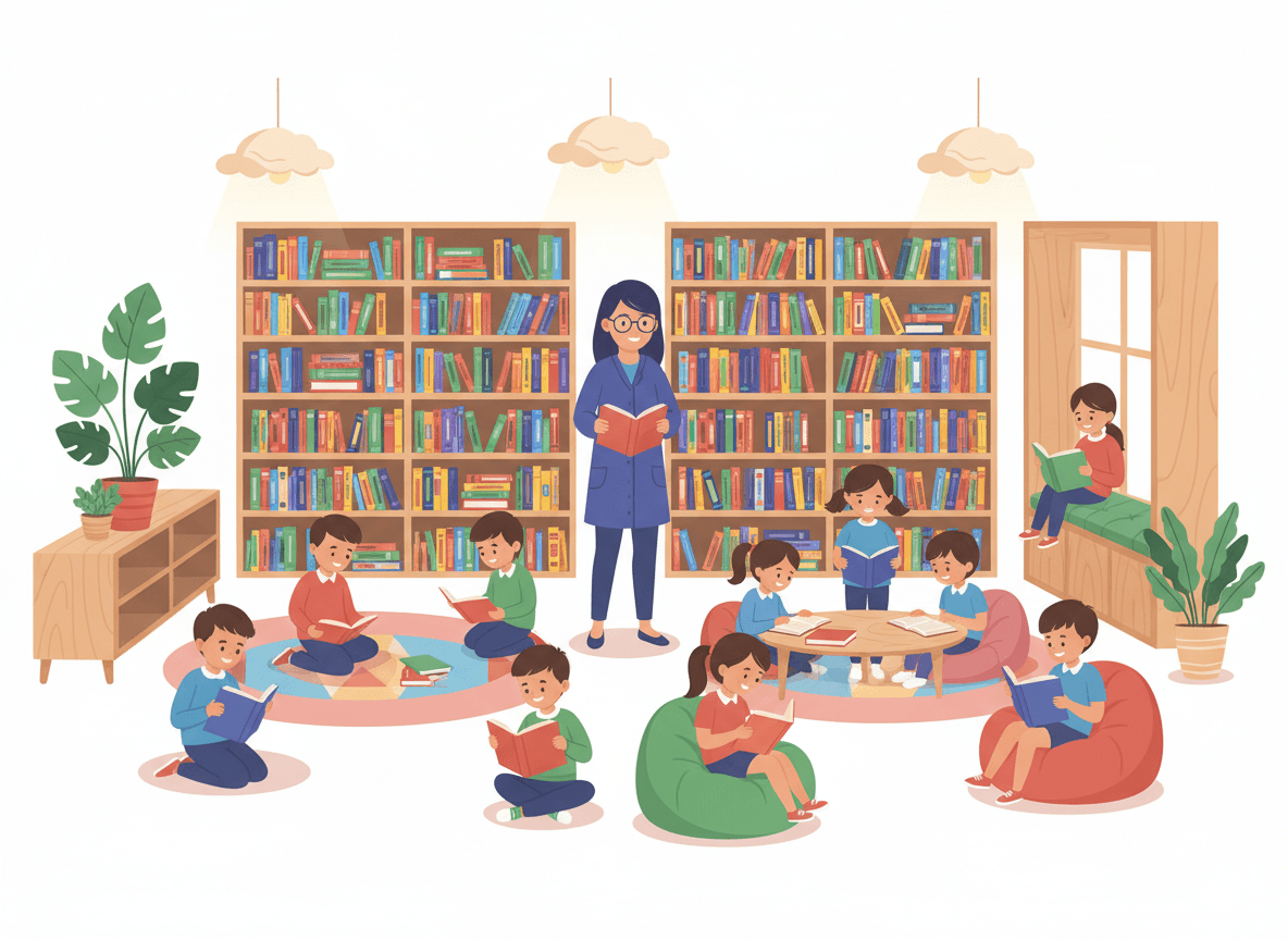 Child and parent at a public library or home bookshelf, choosing books together, a newsletter visible nearby