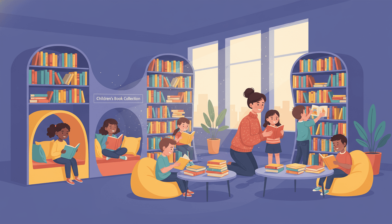 Elementary school library with colorful book displays, students browsing shelves, warm lighting