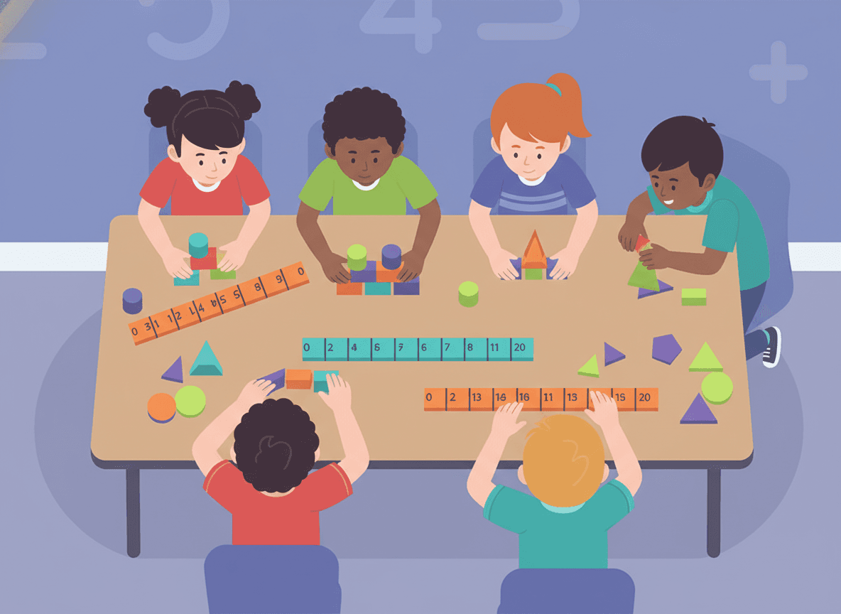 Parent helping a child with math homework at a kitchen table, using small counters
