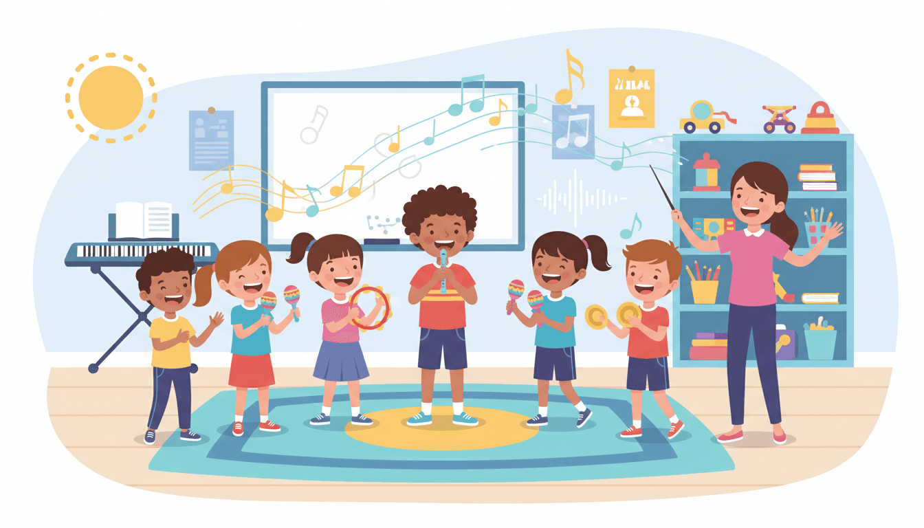 Elementary students sitting in a music room with instruments, teacher at a keyboard in the front