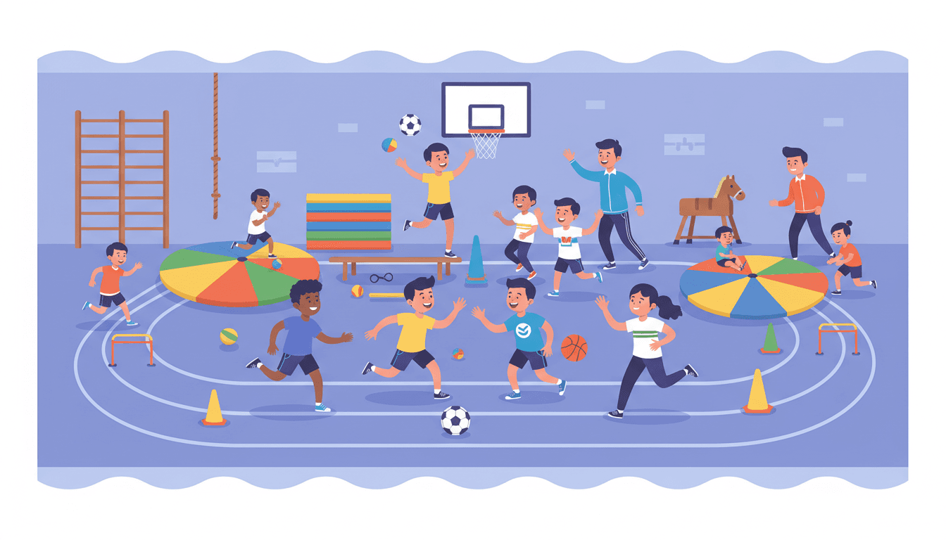 Elementary students playing a cooperative game in a gymnasium, PE teacher watching from the side