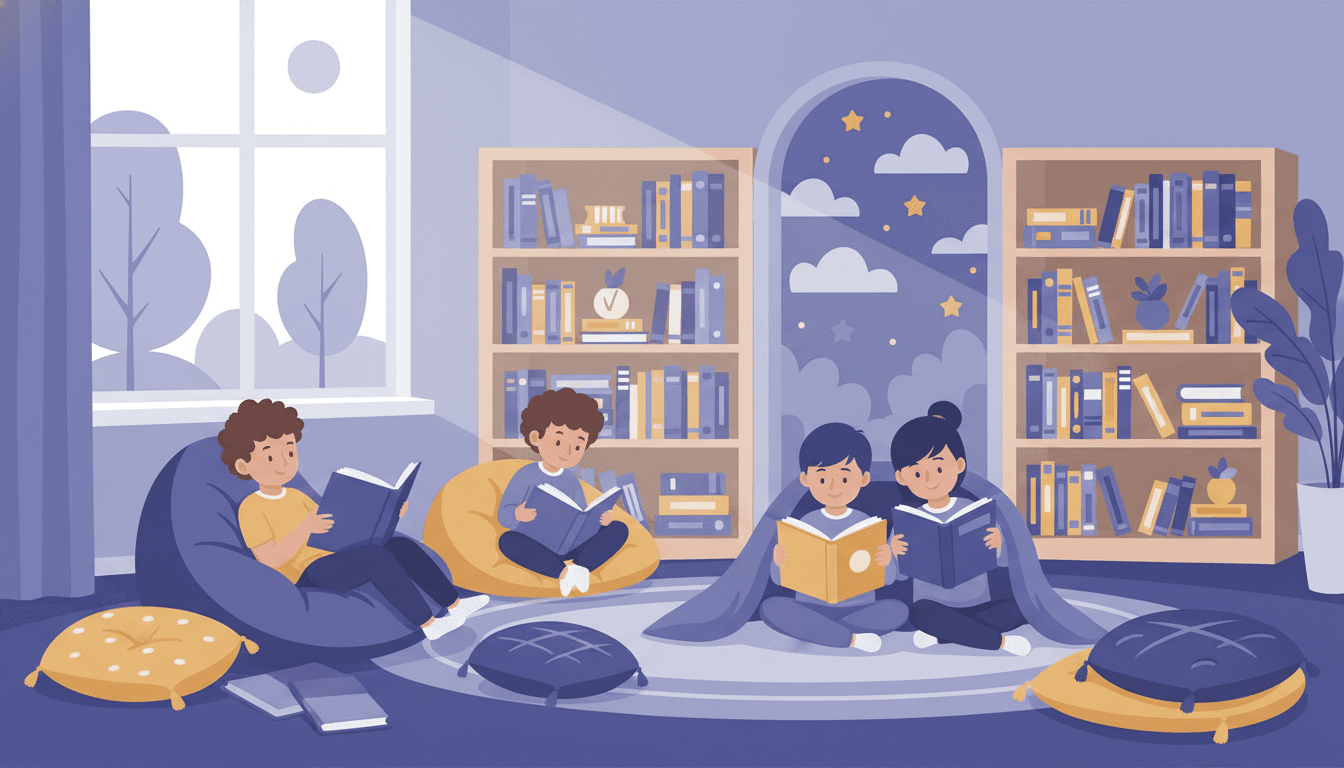 Elementary students sitting in a reading circle on a rug, teacher holding a picture book open