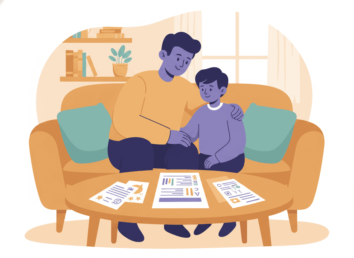 Parent and child sitting together looking at a report card, having a calm conversation