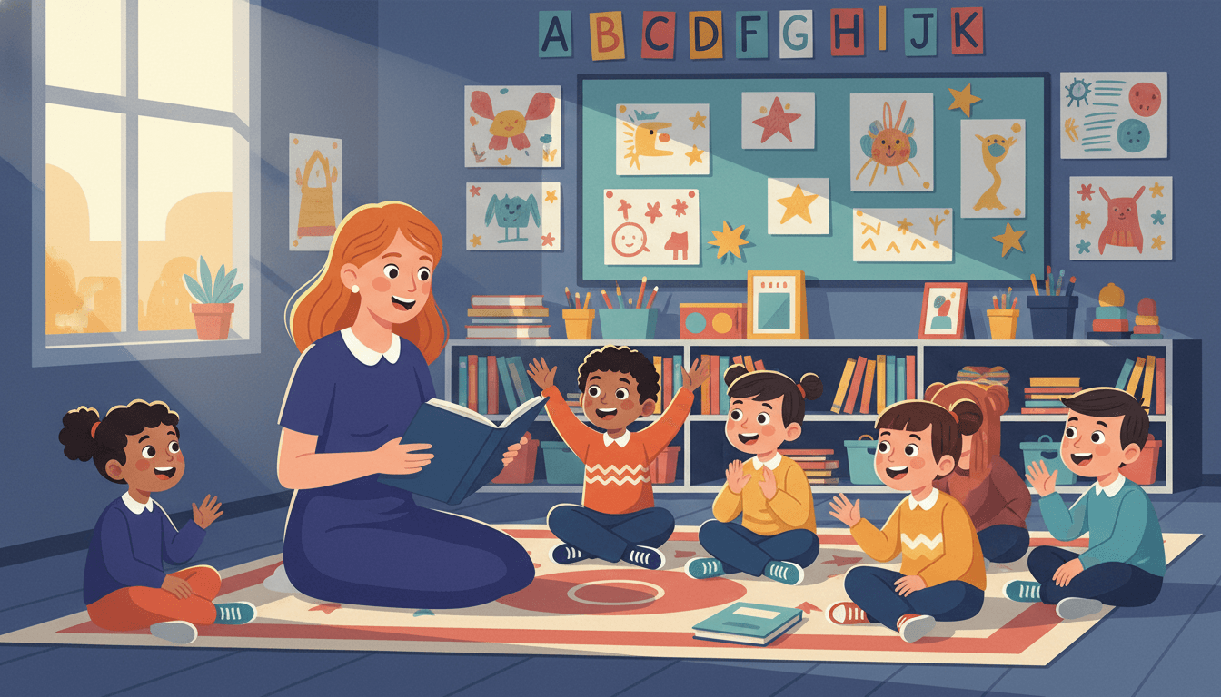 First grade classroom with colorful bulletin boards, small desks arranged in groups, bright morning light
