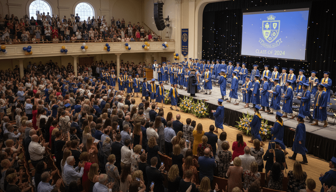 Fifth grade students in graduation caps and gowns walking across a school stage while families photograph from the audience