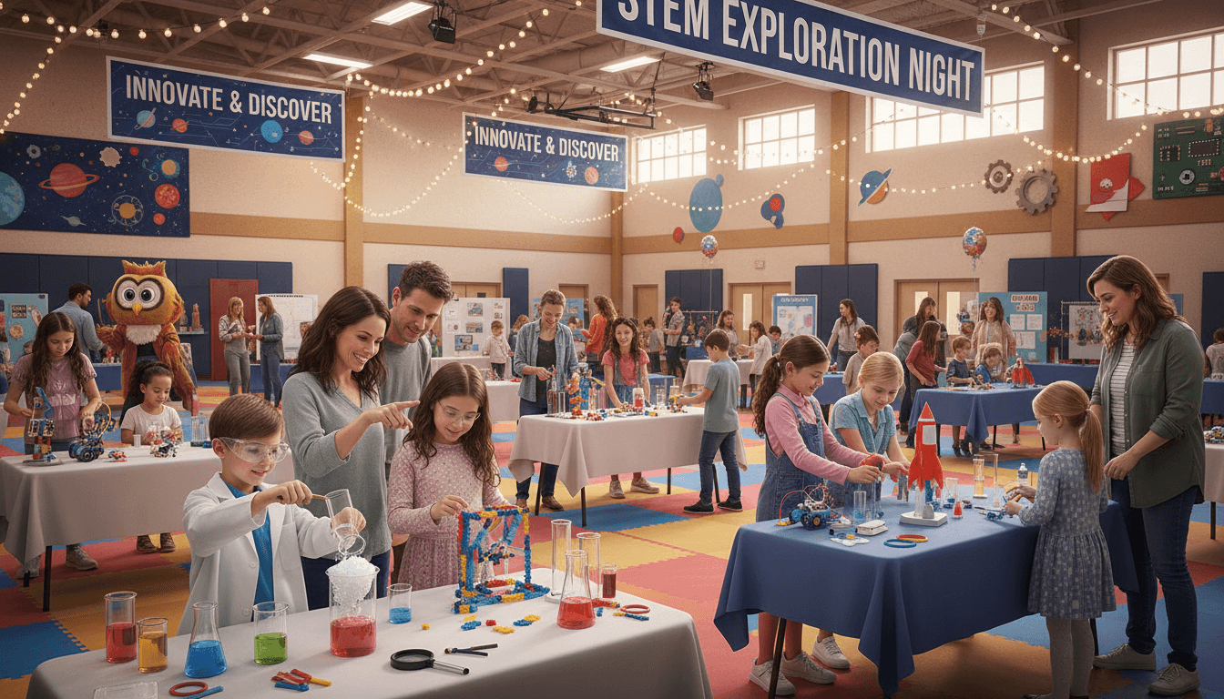 Families and students gathered around science experiment stations at a school STEM night event in a gymnasium