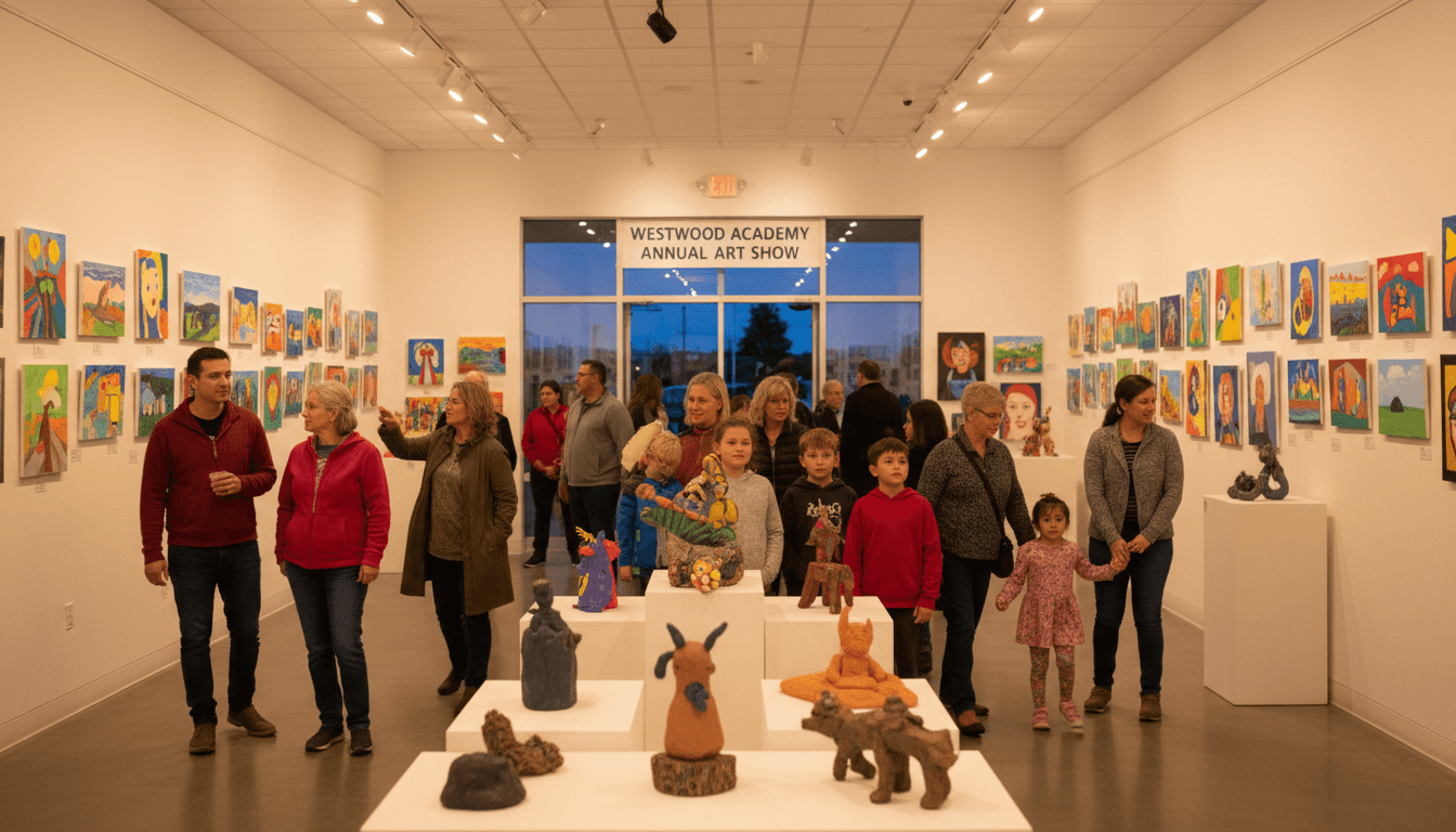 Student paintings and sculptures displayed on gallery walls and pedestals at a school art show with families walking through