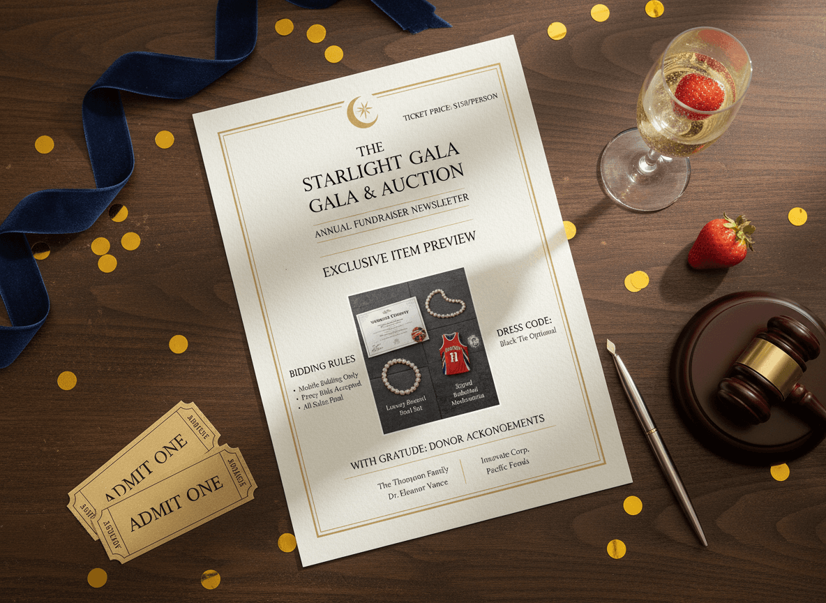 A decorated auction item display at a school benefit event with a bid sheet and item description card visible