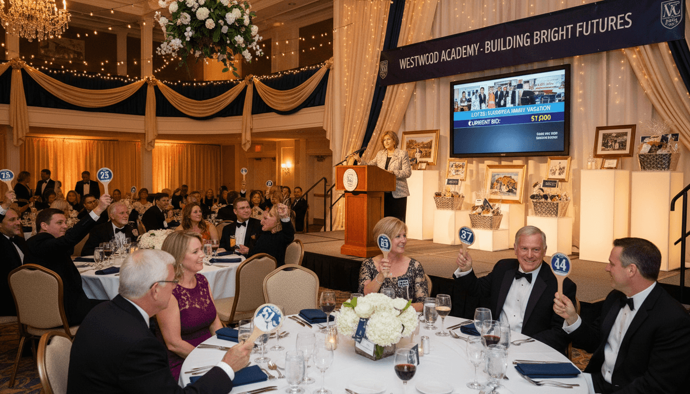 Tables with silent auction items and bid sheets at a school gala event with families browsing and mingling