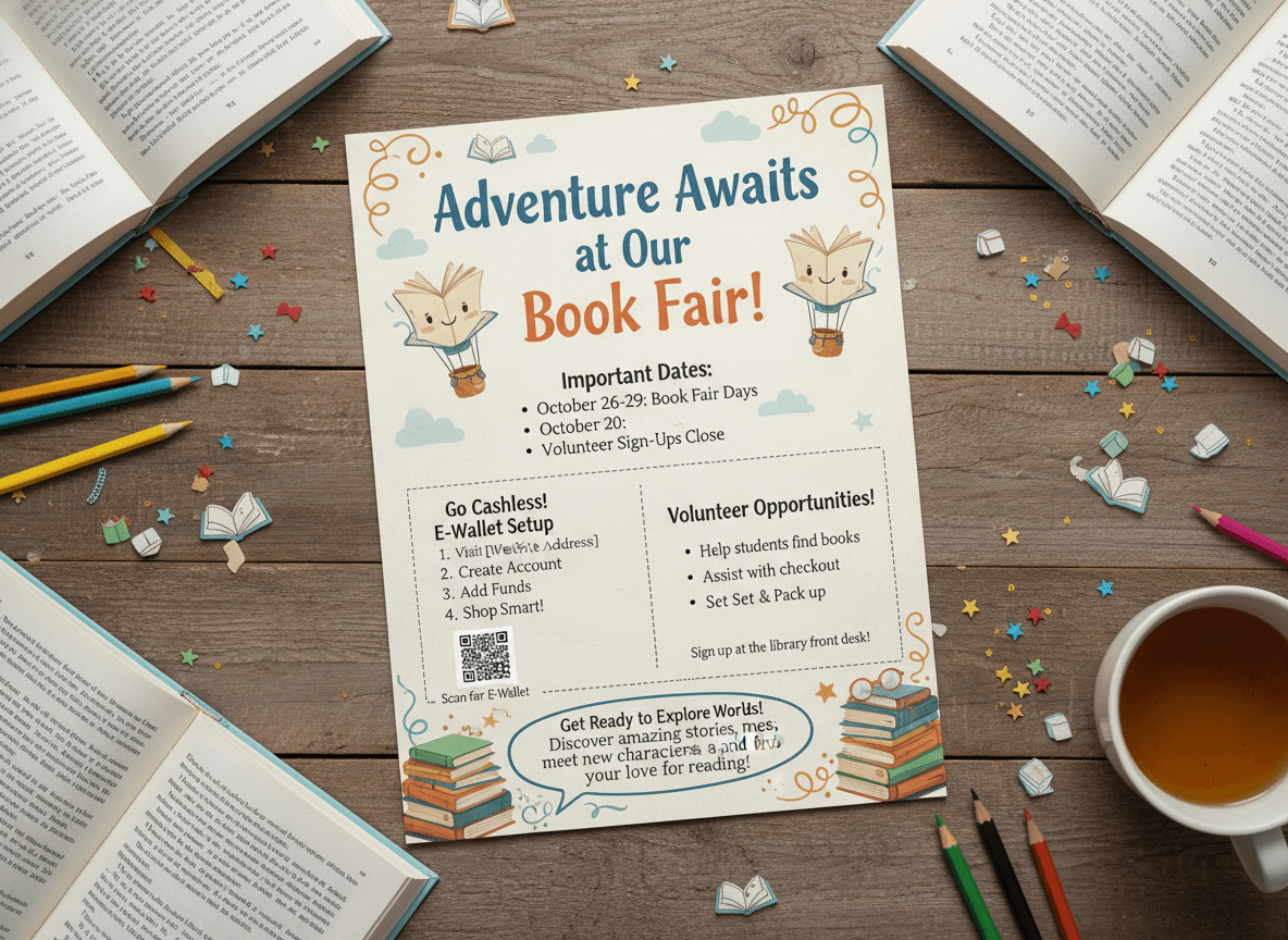 A child holding a stack of books selected at a school book fair, excited to show their parent