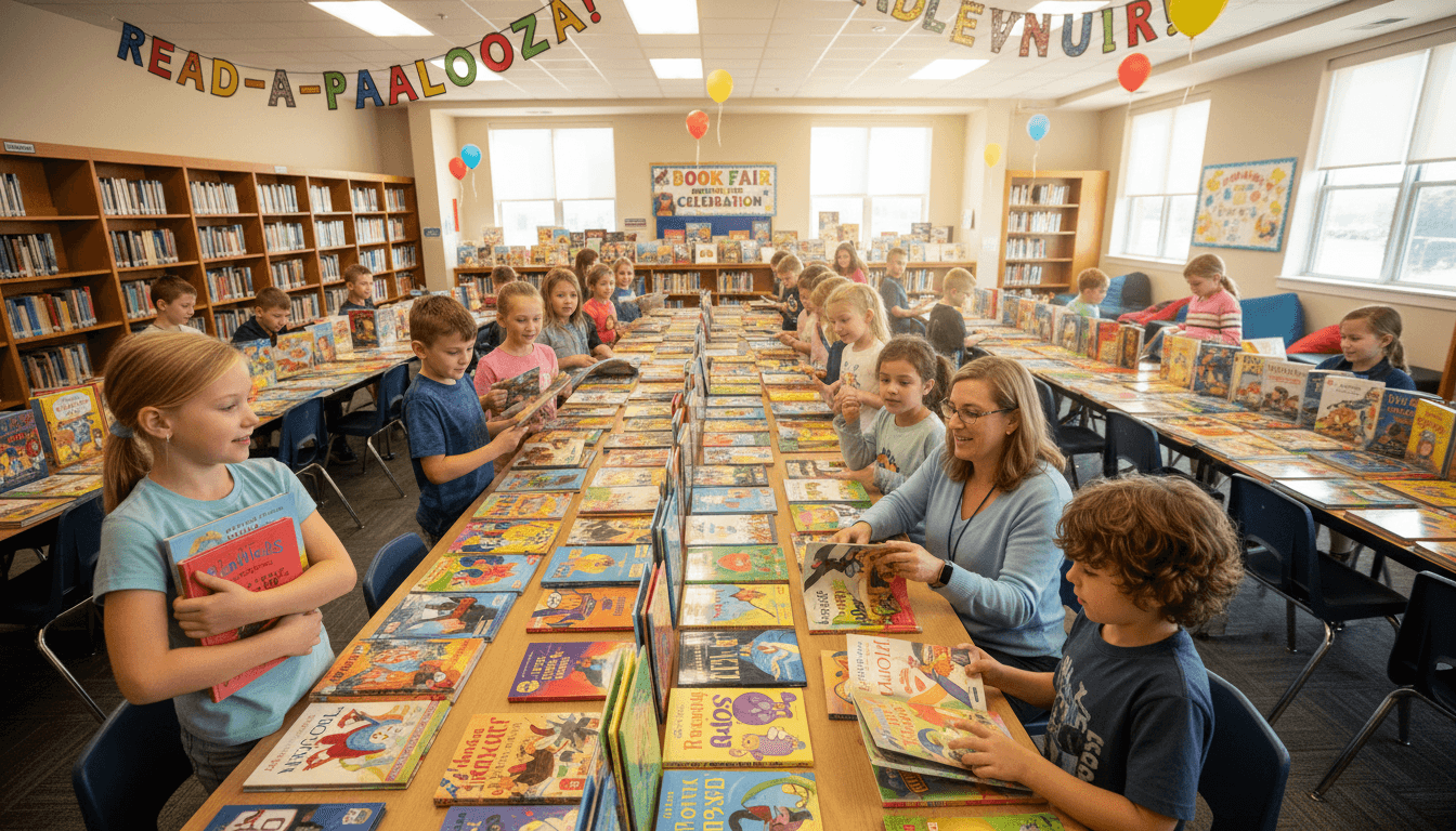 Students browsing colorful book displays at a school book fair with a librarian helping in the background