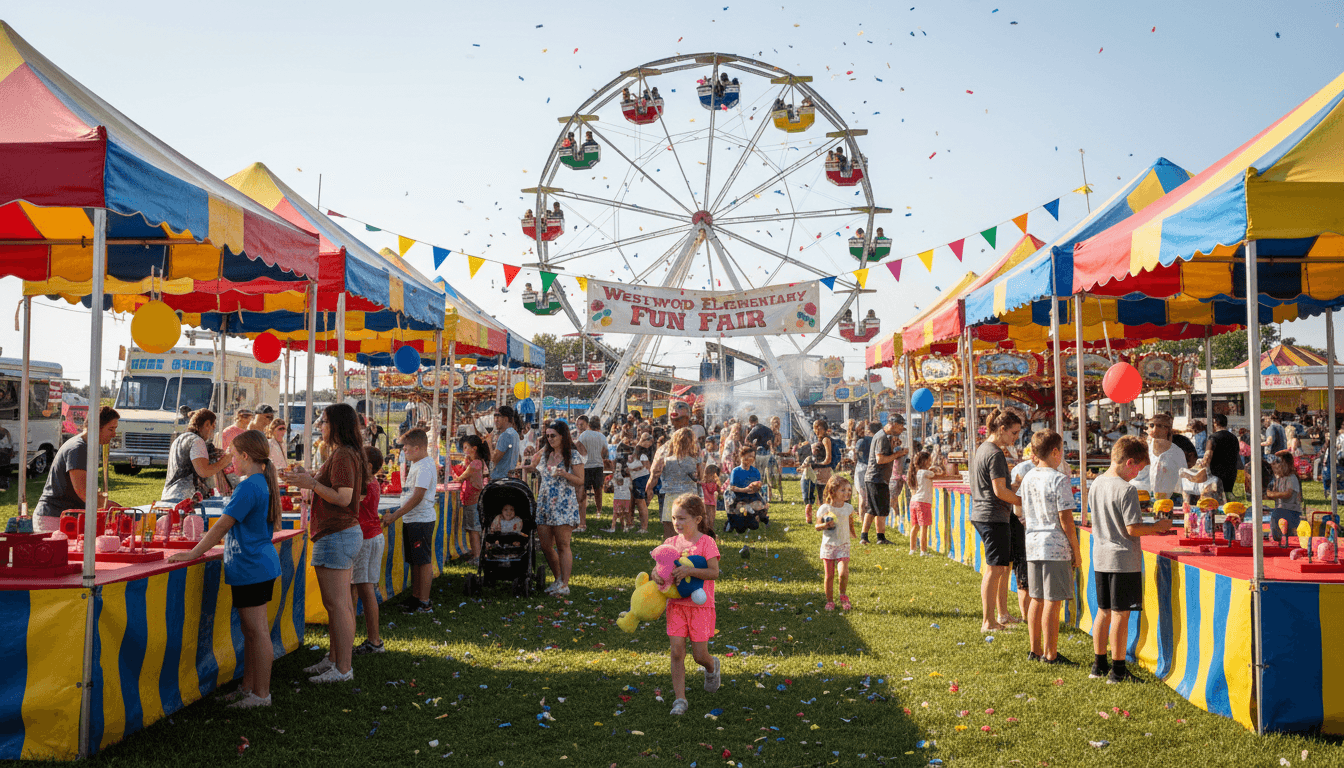 A school carnival with colorful game booths, families walking around, and a bounce house visible in the background