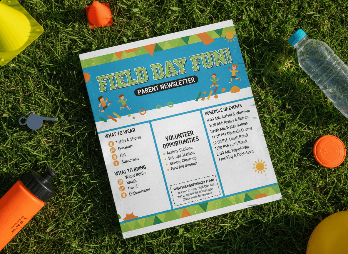 A teacher standing on a field holding a clipboard with a field day schedule while students line up behind her